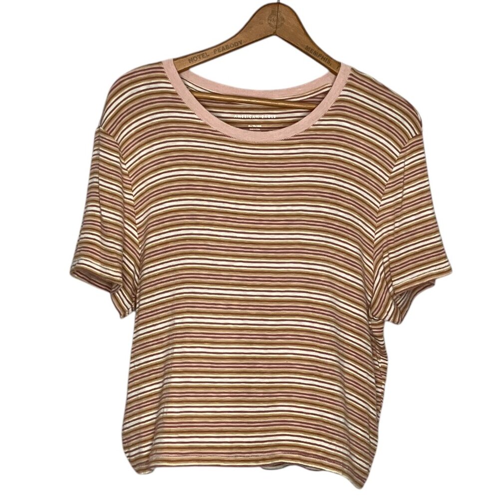 American Eagle XL Brown Stripe Ribbed Knit Crop Crewneck T-Shirt Baby Tee Top